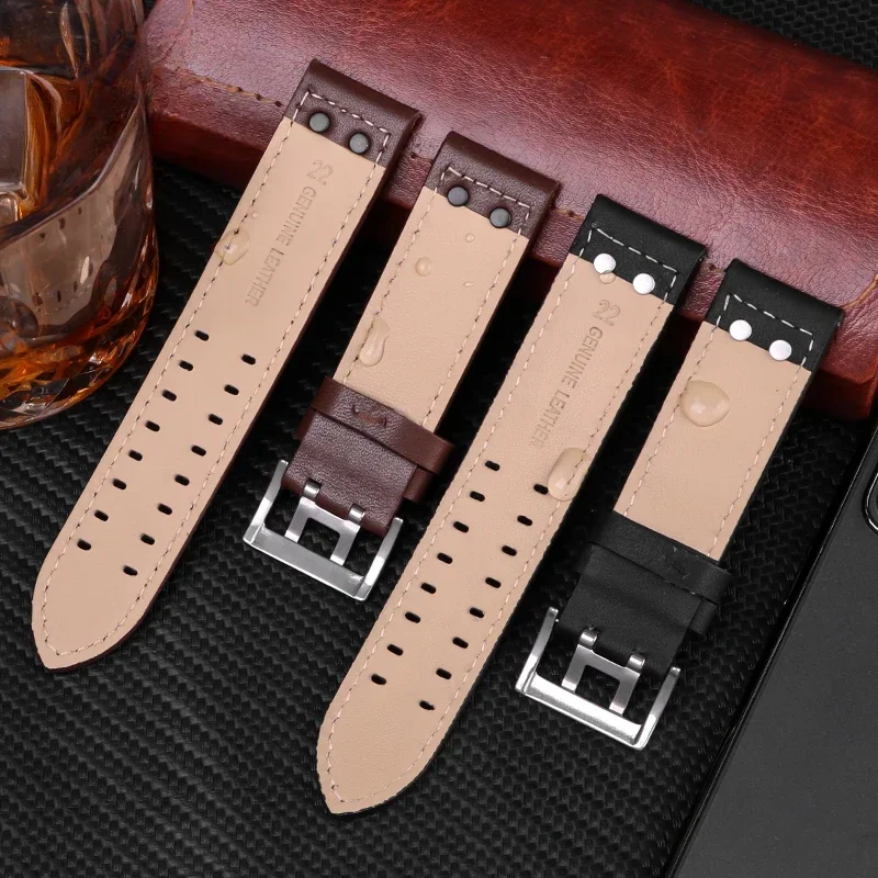 Double Hole Watchband for Hamilton Watch Strap Genuine Leather Cowhide Steel Special Buckle Men\'s Khaki Jazz Eternal 20 22mm