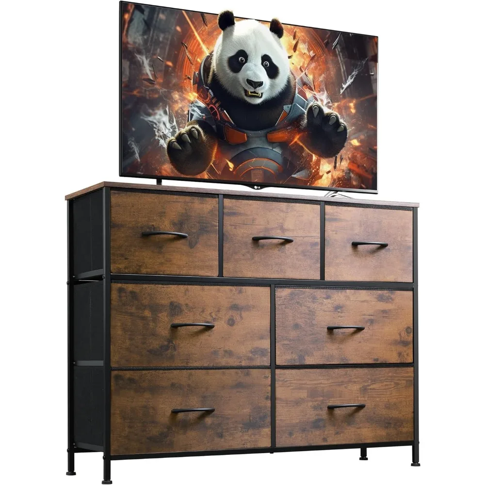 Dresser TV Stand, Entertainment Center with Fabric Chest of Drawers for Bedroom, Media Console Table  vanity table