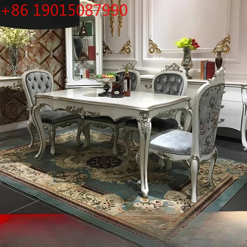 

French solid wood dining table and chairs, European rectangular fabric dining table and chairs Neoclassical dining table