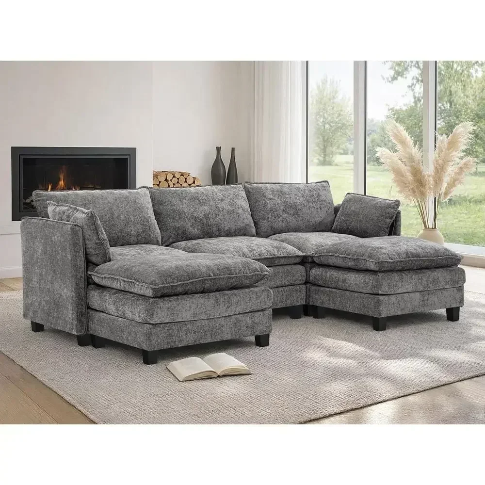 U-Shaped Deep Seating Sectional Sofa Set for Large Living Rooms, Pet-Friendly Chenille Fabric with Ottoman for Family Movie Nigh
