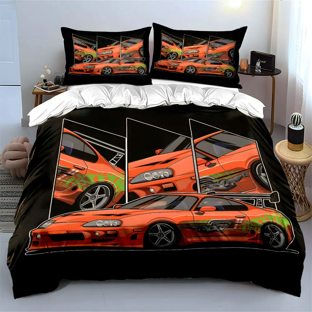 Orange Modified Sports Car Pattern Duvet Cover Set Digital Print Colorful Polyester Bedding with Zipper Closur for kids gifts