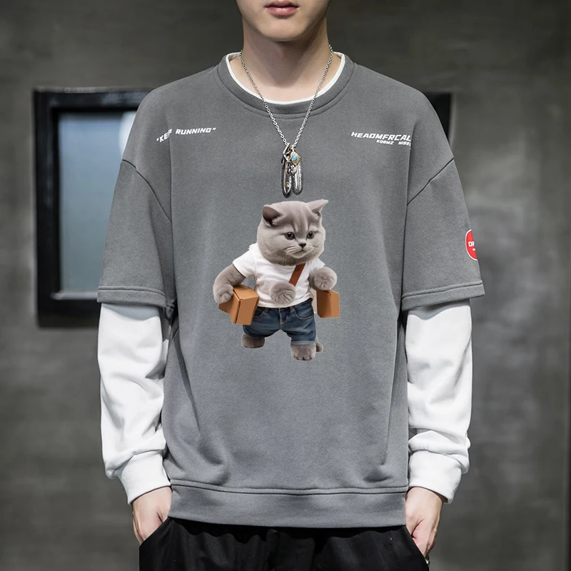 

Мужская толстовка с длинным рукавом и круглым вырезом, имитация двухслойности, повседневная, свободного кроя, для подростков и молодежи, модный бренд, полиэстер