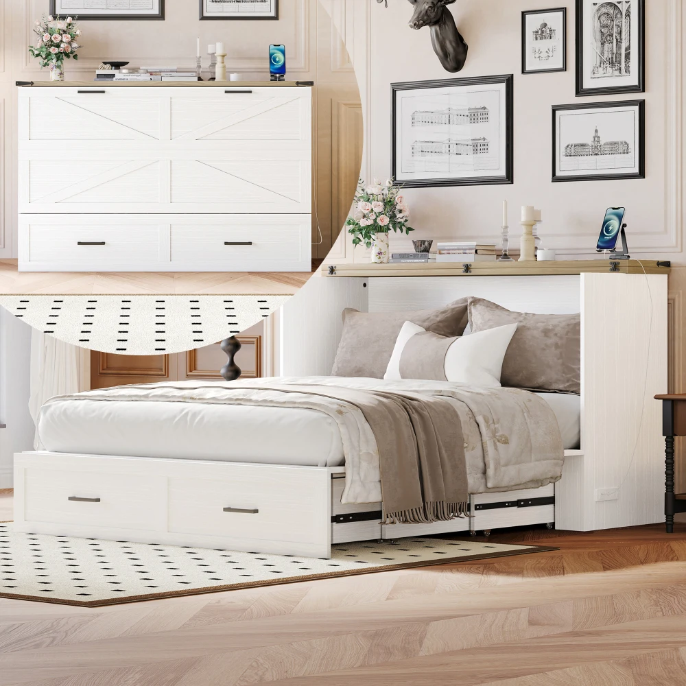 

Queen Size Murphy Bed with Charge Station, Foldable, Storage Drawer, White (Old SKU:N733S237837W)