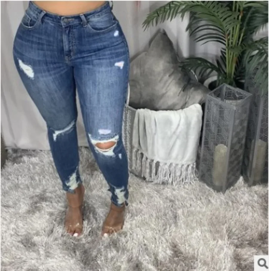 Pantaloni a matita in denim Jeans da donna con foro strappato a vita alta lavato effetto consumato Pantaloni skinny alla caviglia vintage Streetwear