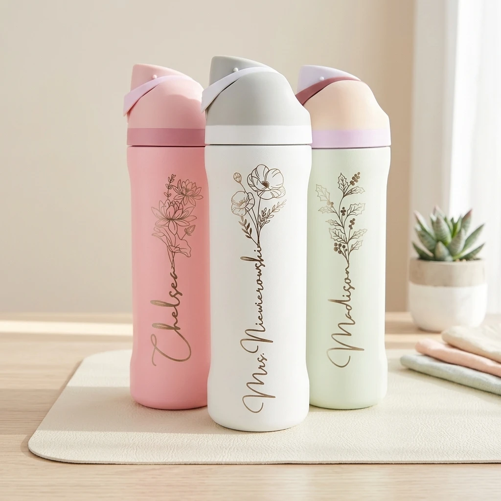 Custom 19 oz Stainless Steel Vacuum Water Bottle, Laser-Carved Name & Birth Flower Tumbler, Matte Leak-Proof Drinkware, Wedding