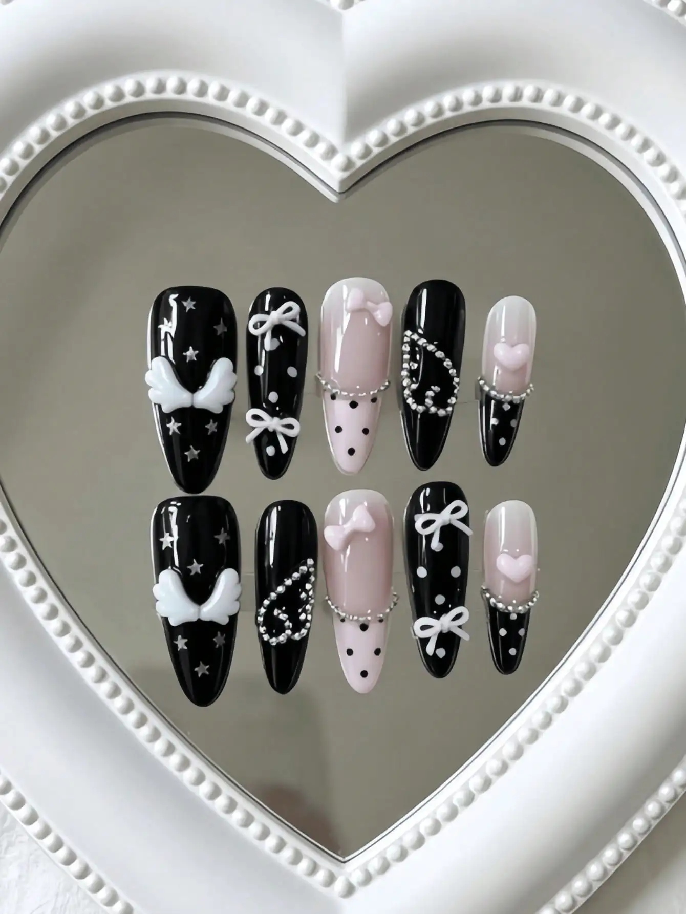 10 Pieces of Medium-Length Almond-Shaped Press-On Nails, Black and Pink in a Sweet and Cool Color Scheme, with 3D Angel Wings, Bowknots, and Pearl Chain Accessories, Y2K Hot Girl Style, Perfect for Girls, Suitable for Daily Wear, Parties, and Personalized Outfits, Comes with Jelly Glue and Nail File