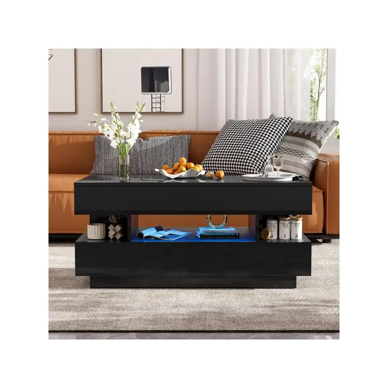 طاولة قهوة حديثة قابلة للرفع مع درجين طاولة متعددة الوظائف مقصورة مخفية لمسة نهائية عالية اللمعان لديكور غرفة المعيشة