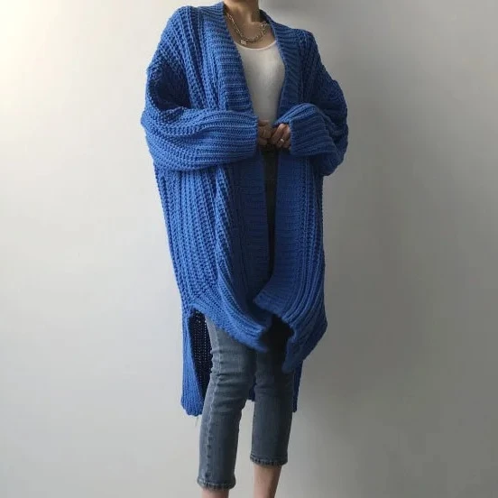 

Korean women Cardigan sweaters retro lazy style long thick sweater autumn winter casual oversized split irregular knitted coat