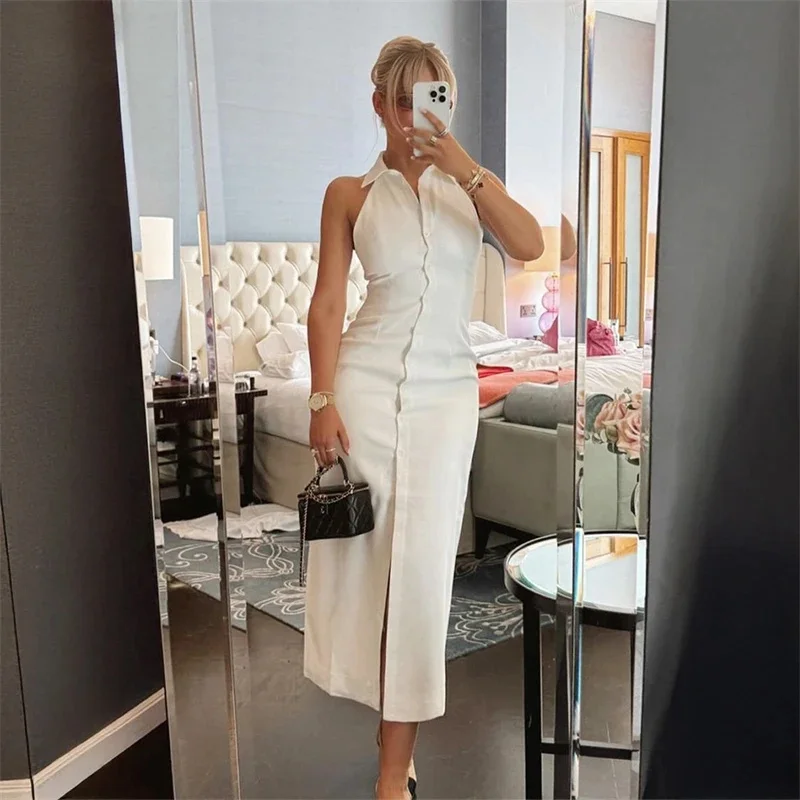 Abito maxi con spacco minimalista alla moda Nuovo abito camicia senza maniche estivo con colletto a tacca Abito elegante monopetto da donna chic