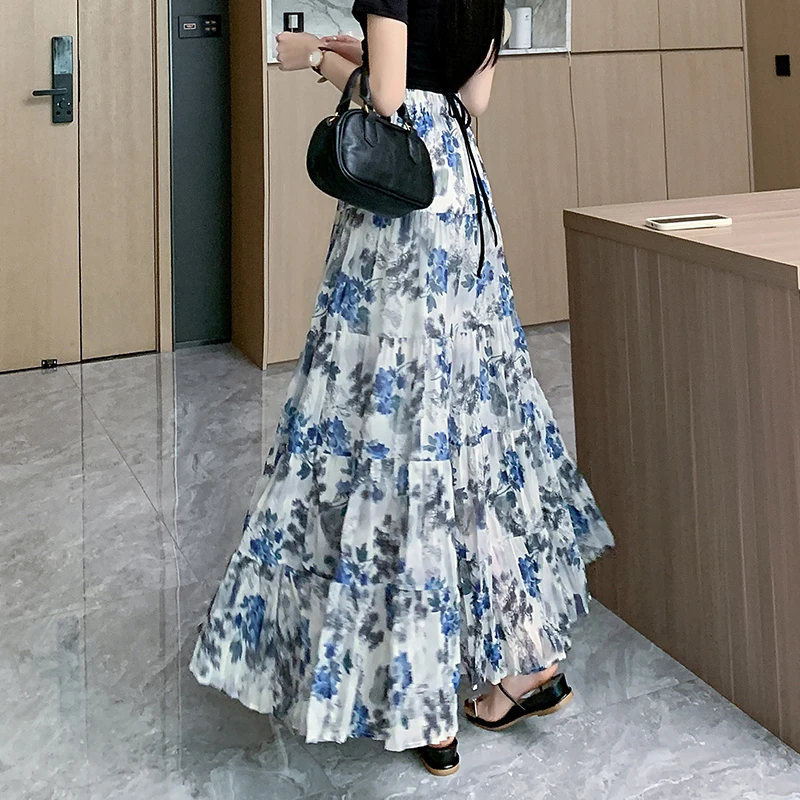 Summer New 2024 Vintage Floral Print Tulle Pleated Women's Mi-Long Skirts Chiffon High Waist Loose Female Umbrella Skirt