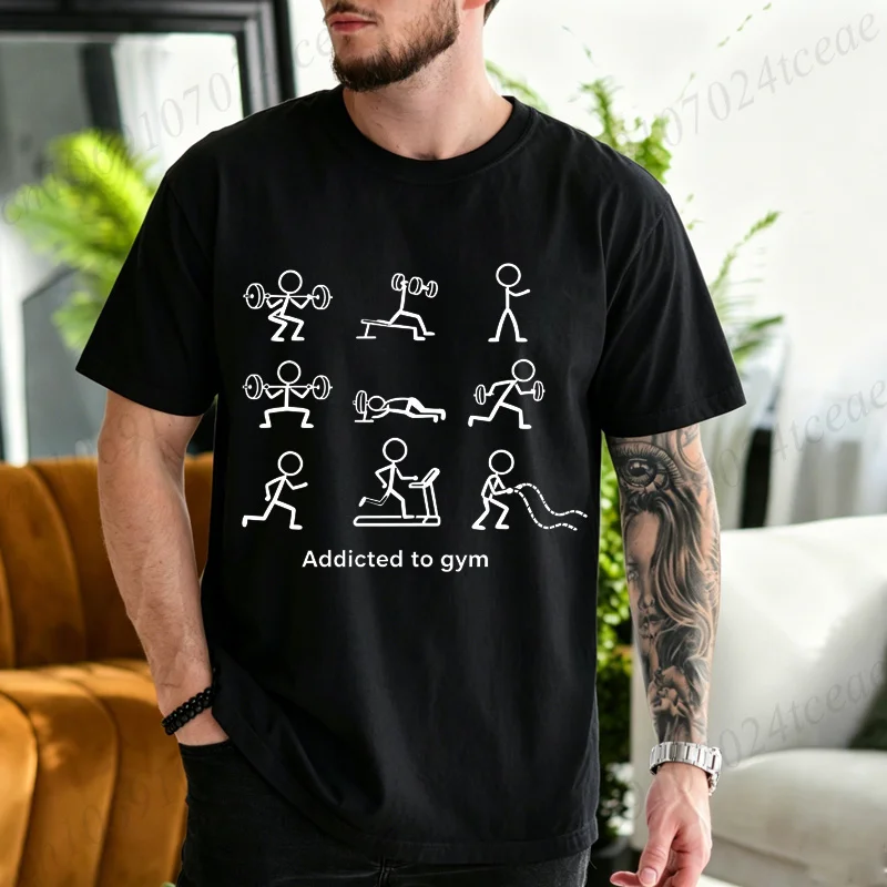 Men Addicted To Gym Graphic T Shirt Funny Weightlifting Fitness Bodybuilding T-Shirts Short Sleeve Tshirts Tops Gym Lover Gift