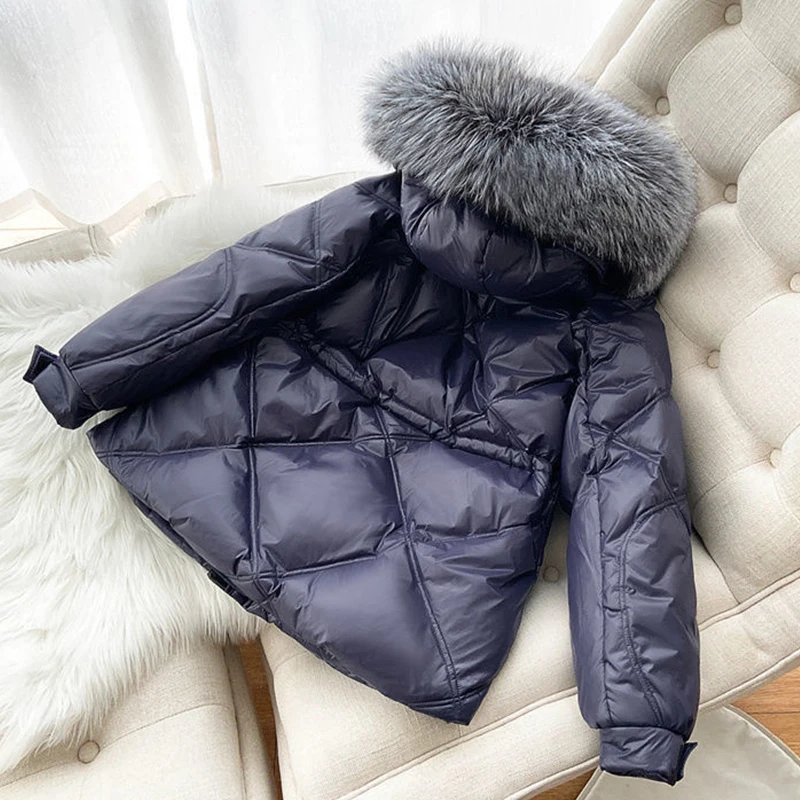 Drawstring Slim Fashion Parkas Winter Women Office Lady Warm Jackets Snow Wear Large Fur Collar Glossy Coats Female 2023 New