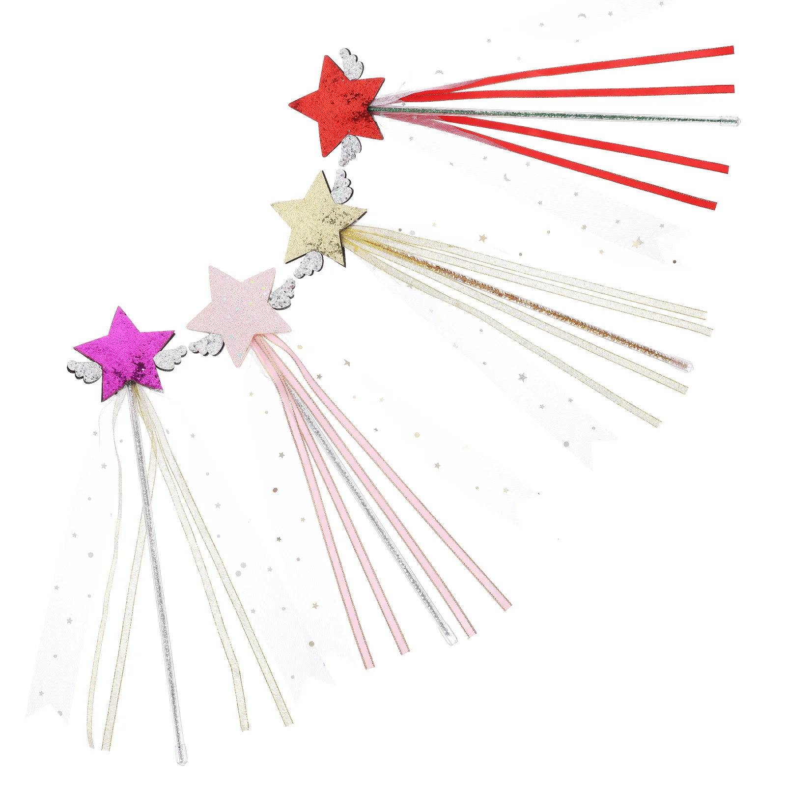 

4pcs Fairy Wands Kids Angel Star-Shaped Wand Decorative Stage Performance Props Ribbon Design Girls Gift Shiny Lightweight