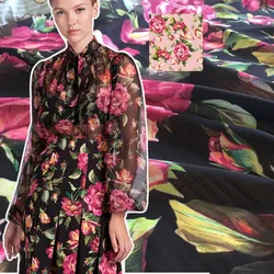 Summer Chiffon Purple Pink Rose Pattern Digital Printed Dress Fabric Polyester High Quality Imitation Silk Clothing Fabrics