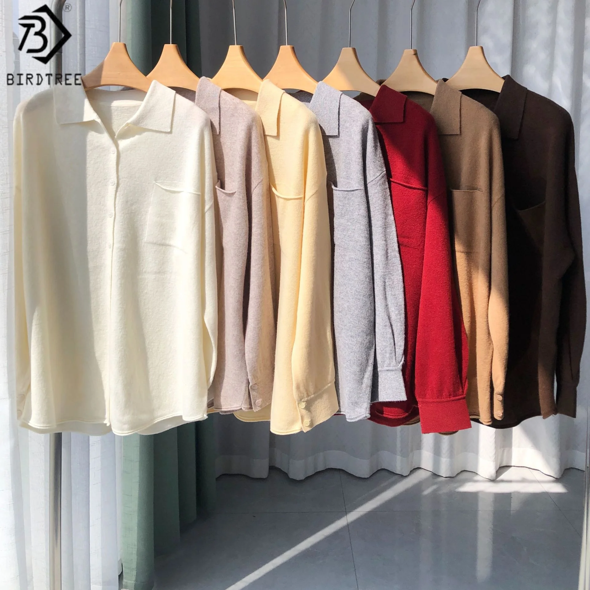 

Birdtree 100% Sheep Wool Knited Pocket Cardigan,Woman Polo-neck Full Sleeve Coat,Autumn Single Breasted Sweater Tops T59702JF