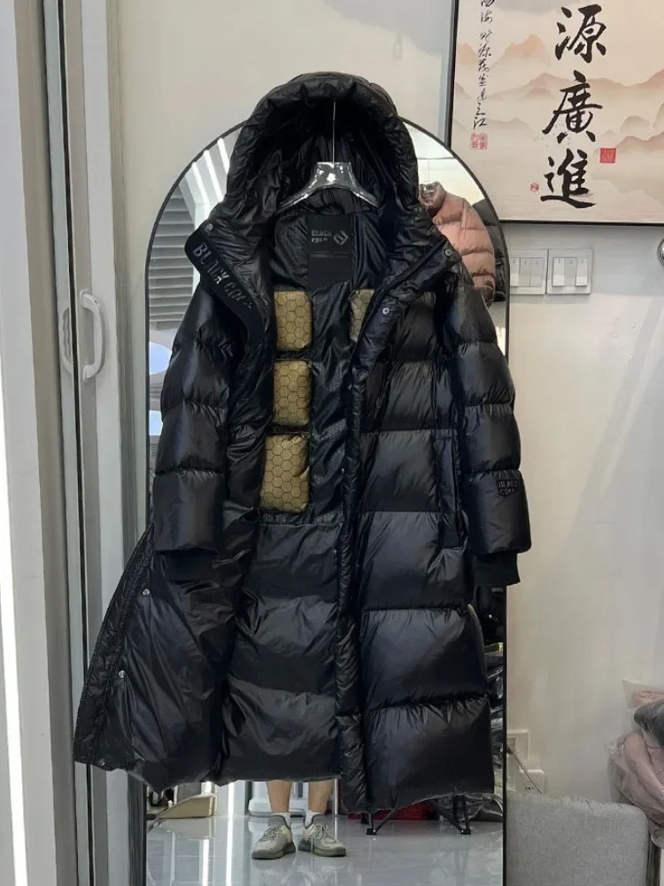 2025年冬新作 レディース ブラックゴールド 7グリッド着脱式フード付き パファージャケット ゆったり 暖かい 厚手 ロング ダックダウンコート