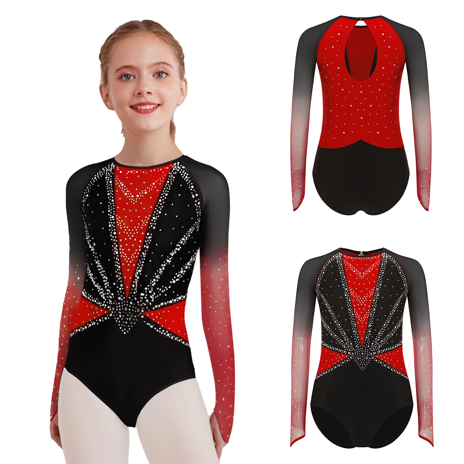 Kids Girls Color Block Ballet Dance Leotard Gymnastics Jumpsuit Sheer Mesh Long Sleeves Shiny Rhinestone Artistic Skating Tights view 4