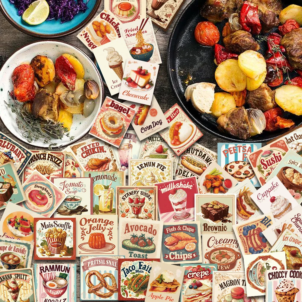 50PCS Retro Style Square Delicious World Food Sticker Collection Pancake Cake Pudding Napoleon Saint Dai Hot Dog Sushi DIY Gift