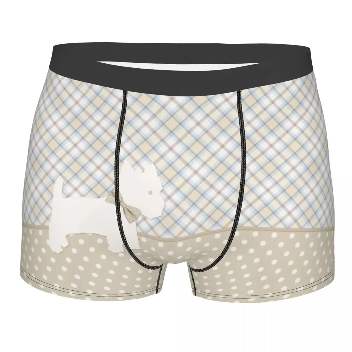 Male Cartoon Westie Tartan And Polka Dots Underwear West Highland White Terrier Dog Boxer Briefs Shorts Panties Underpants