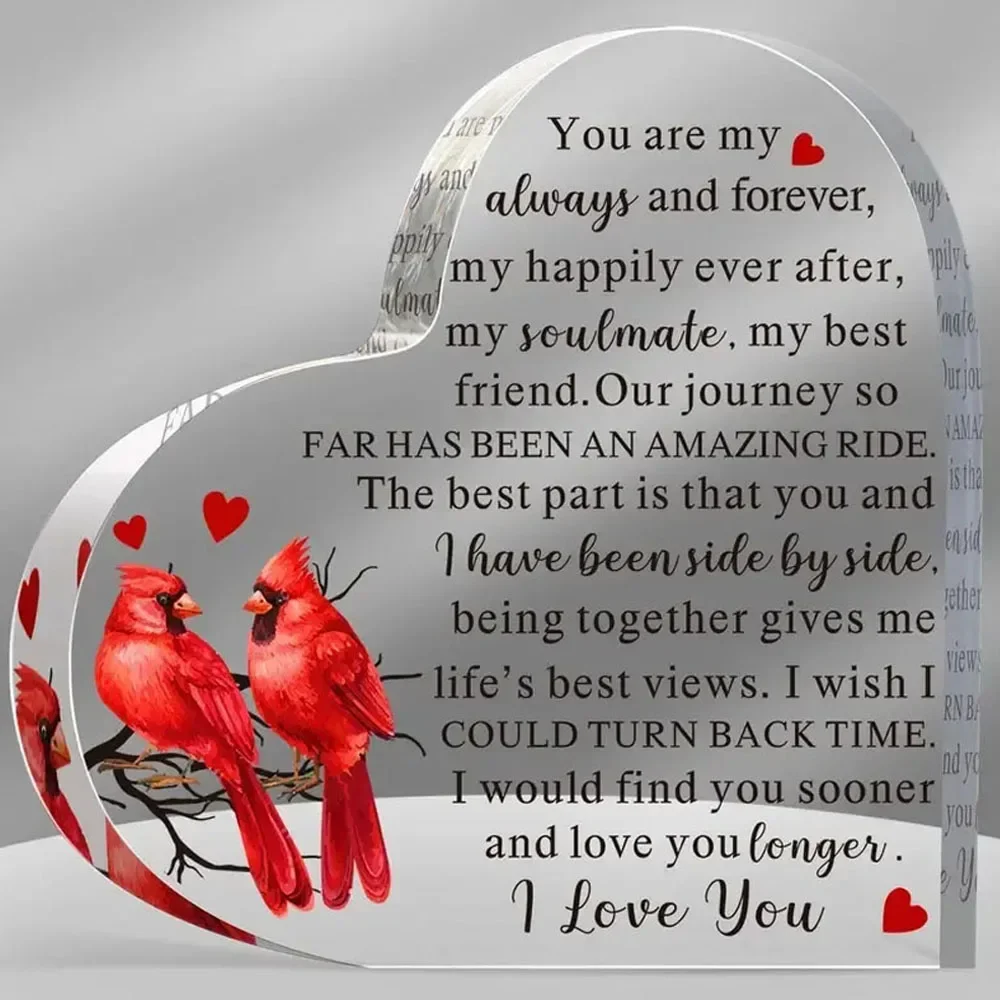 Two Red Cardinals Branch Heart Acrylic Plaque Soulmate Love Message Desktop Anniversary Gift