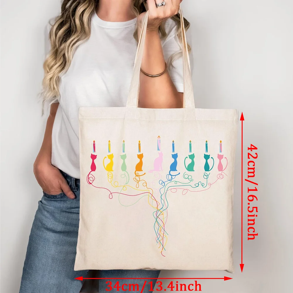 Hanukkah Cats Menorah Tote Bag Jewish Holiday Supplies Gift for Her Shabbat Shalom Accessories Happy Challah Days Judaica Decor