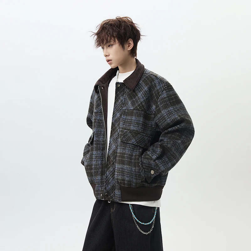 WTHT Fashion Men's Spliced Plaid Contrast Color Design Coat Trendy Turn Down Collar Zipper Casual Jacket Male 2026 Autumn 2A3125