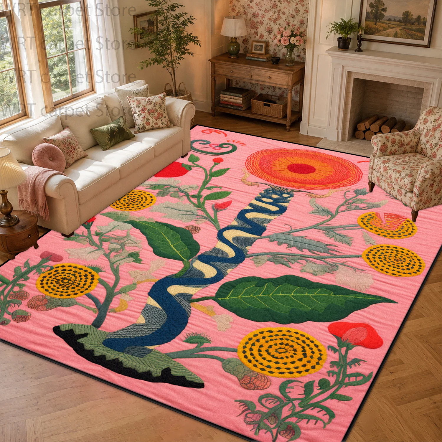 Vintage Plant Art Style Living Room Carpet Snake Print Decoration Home Sofa Area Soft Rugs Bedroom Deck Washable Non-slip Mat