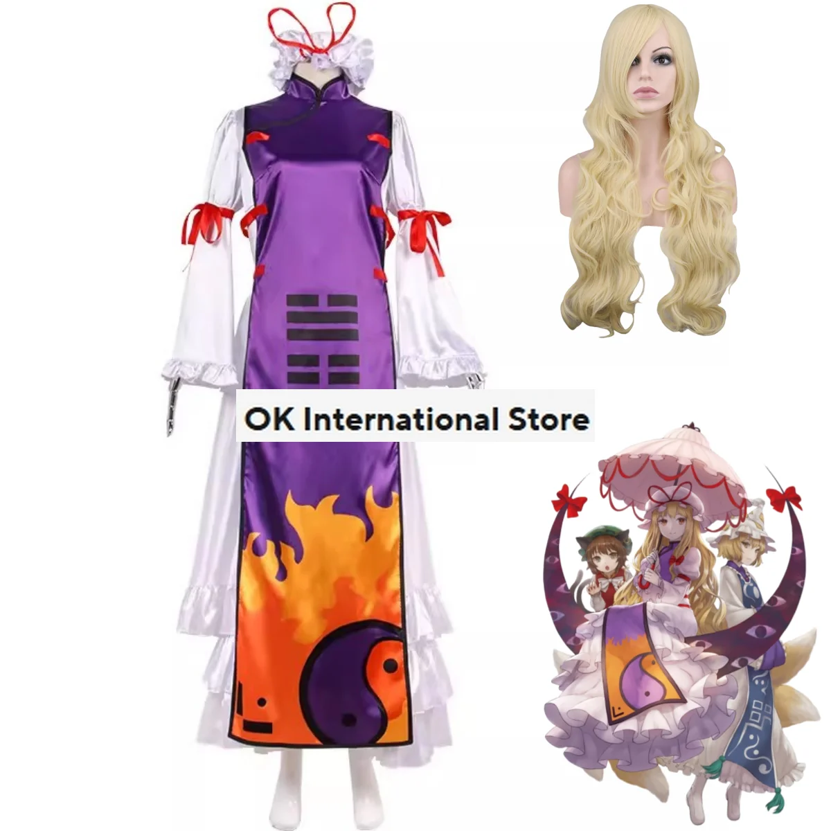 Game Touhou Project Yakumo Yukari Cosplay Costume Wig Purple Dress Princess Skirt Woman Sexy Kawaii Halloween Carnival Suit