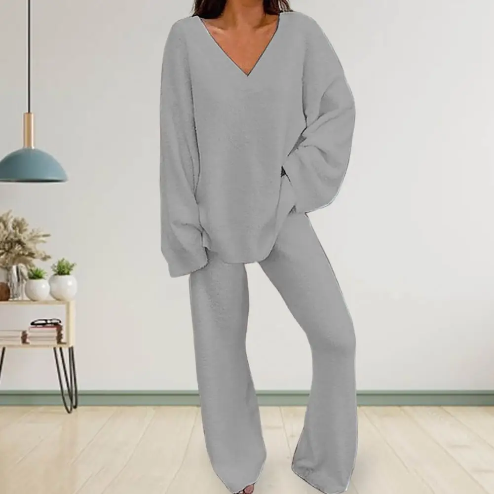 2 Pcs/Set Women Pajamas Set Loose Long Sleeves Elastic Waist Warm Sleeping Clothes Wide Leg Homewear Set For Winter