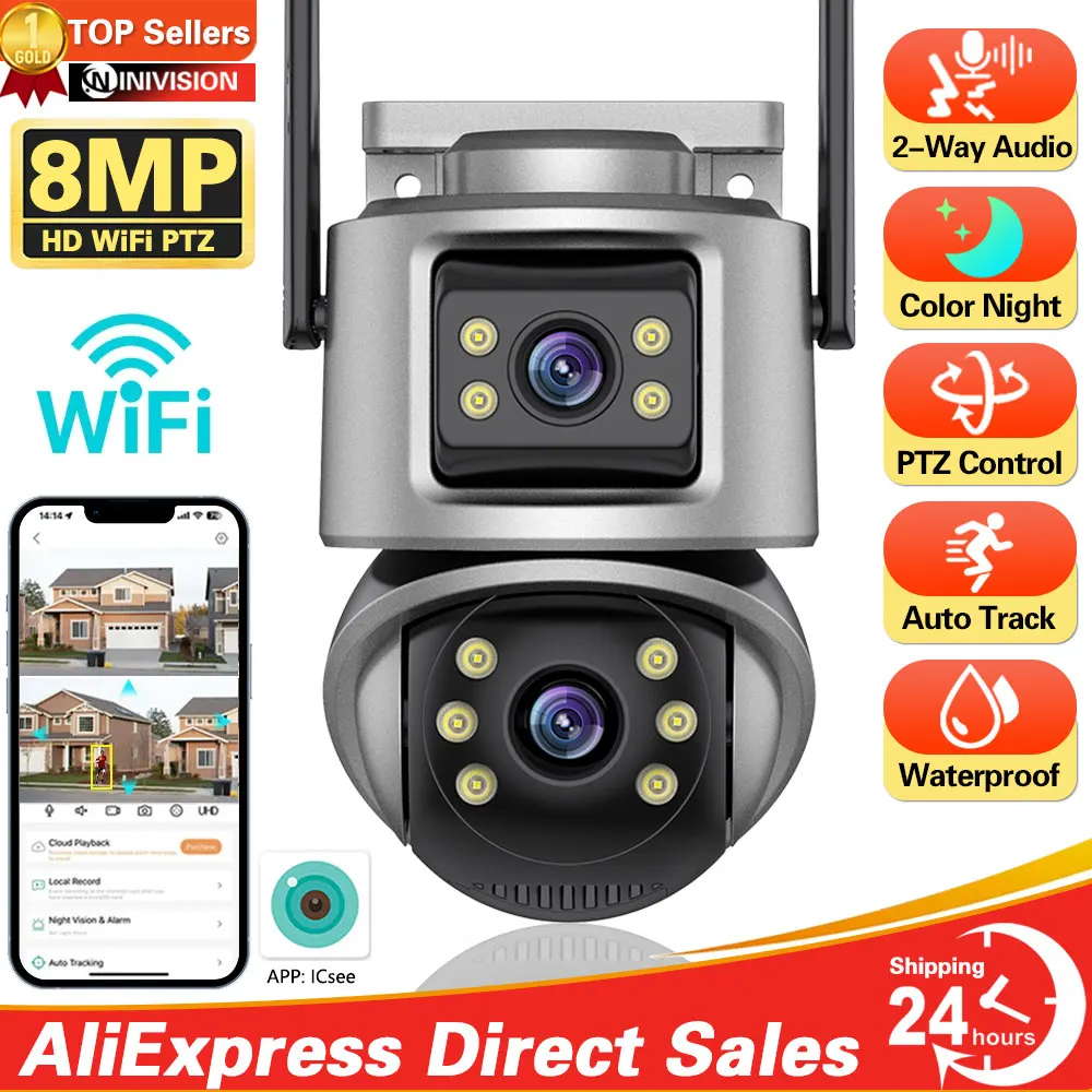 

4K 8MP HD Wifi PTZ Camera Outdoor 4MP Dual Lens Dual Screen AI Auto Tracking IP Camera CCTV Audio Video Surveillance P2P iCSee