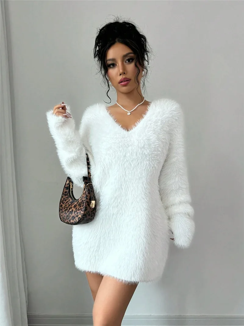 

O Neck Long Sleeve Women's Plush Dress Sweater Autumn Winter New Style Cross-Border Fashion Elegant Vestidos Female Garment