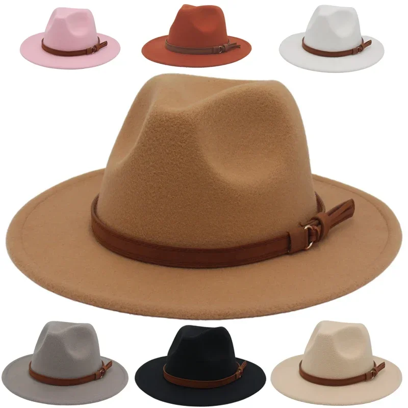 Sombreros Fedora con cinturón marrón clásico para hombre y mujer, sombrero de fieltro de Jazz para caballero, sombrero de vestir de ala ancha plana