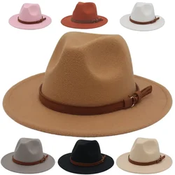 Klassieke Bruine Riem Vrouwen Fedora Hoeden Herfst Winter Gentleman Jazz Vilt Hoed Voor Mannen Retro Kerk Dame Platte Brede Rand Jurk Hoed