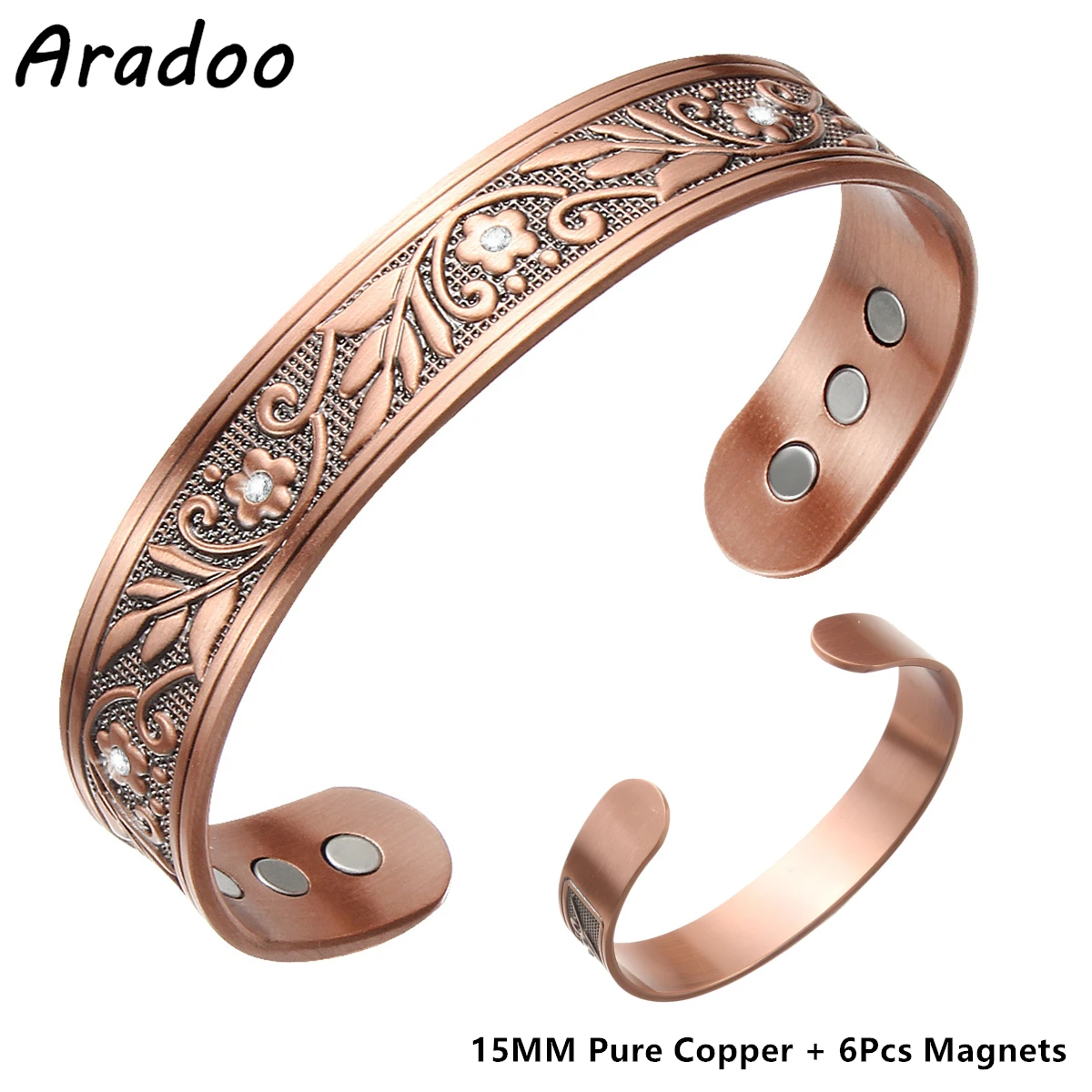 ARADOO Pure Copper Neodymium Magnet Open Cuff Bracelet Vintage Plum Zirconia 3500 Gauss Magnetic Therapy Bangles