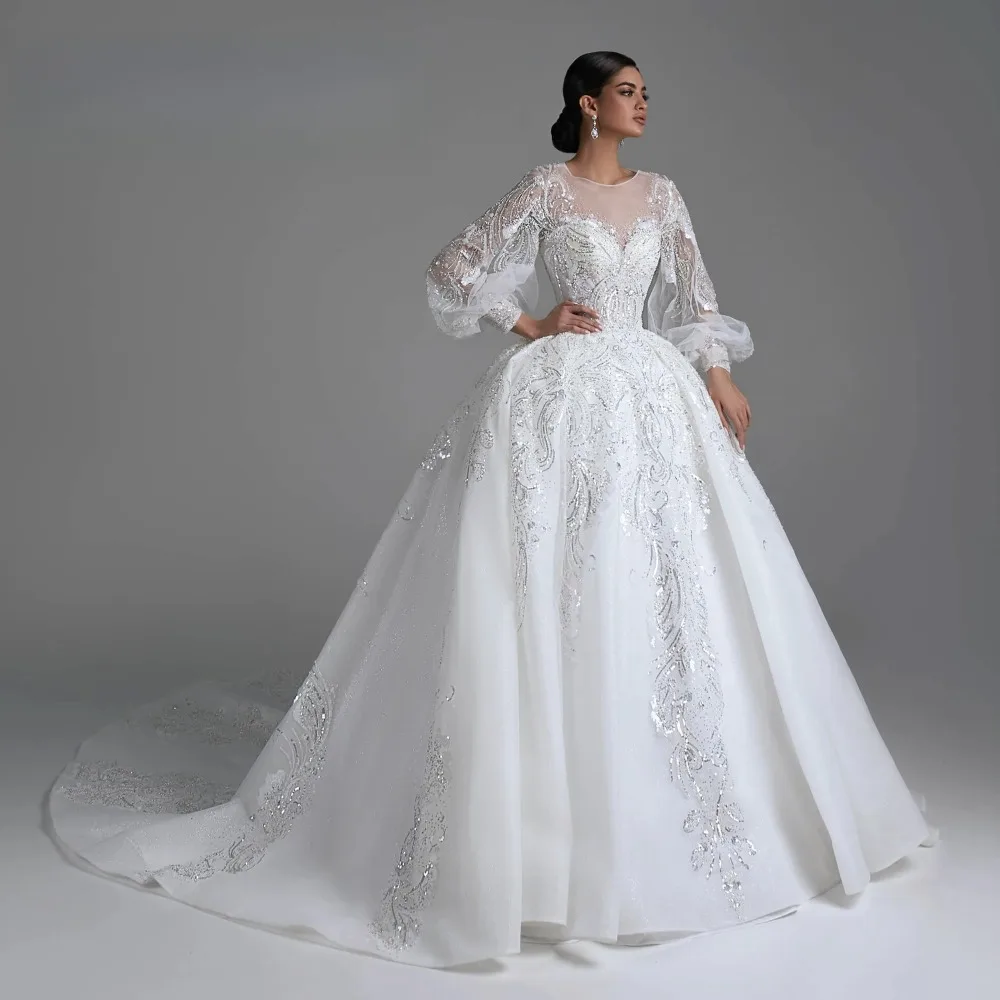 Customized Transparent Lantern Sleeve Wedding Dress 2026 New Luxury Heart Collar Fluffy Ruffle Bridal Dress Suitable for Parties
