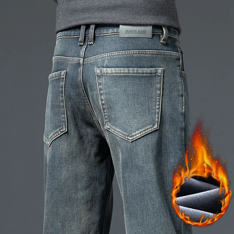 

Новые зимние мужские джинсы из флиса, теплые прямые брюки с начесом, утолщенные деловые брюки, ретро-стиль, деним с эффектом потертости, брендовая одежда