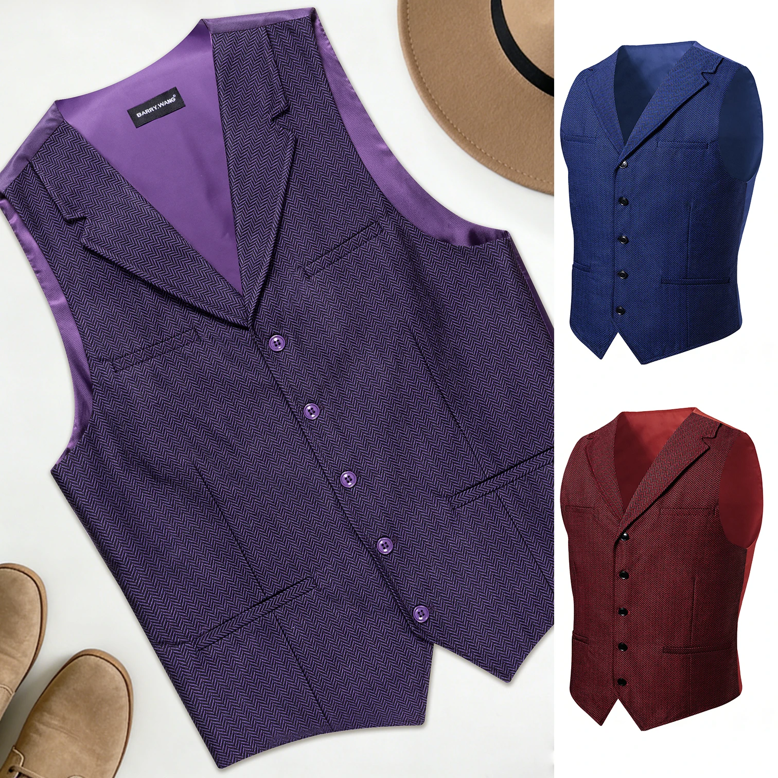 Barry.Wang Mens Purple Vintage Herringbone Waistcoat Notch Lapel Single Breasted Formal Suit Vest Wedding Prom Sleeveless Blazer