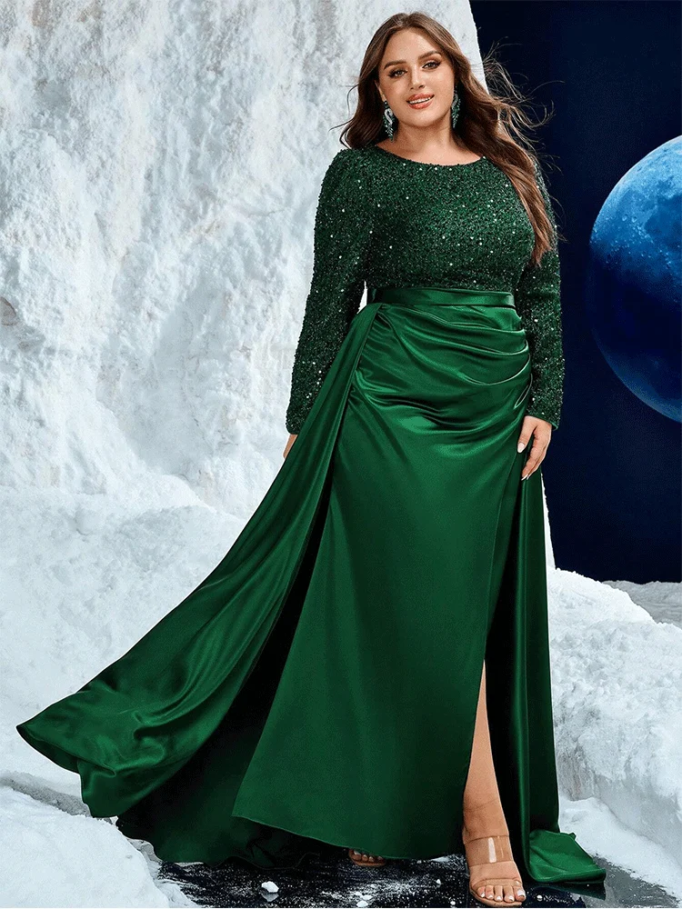 Plus Size Round Neck Long Sleeve Green Satin Long Sleeve Shiny Evening Dress 4XL 5XL Big Size Shiny Evening Dress