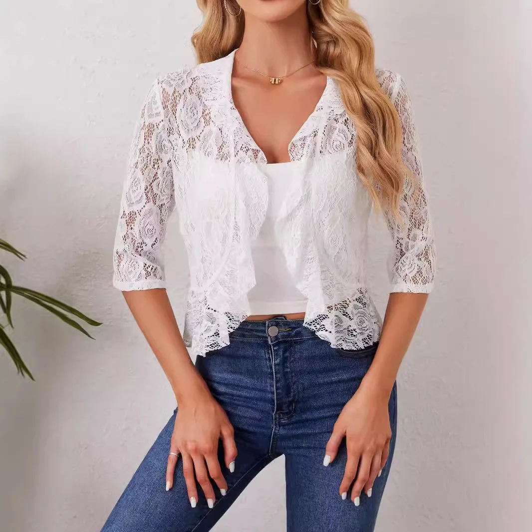 Cross-border 2026 Amazon's New Elegant and Fashionable Women's Ruffle Leaf Open Placket Short Lace Top Cw16781