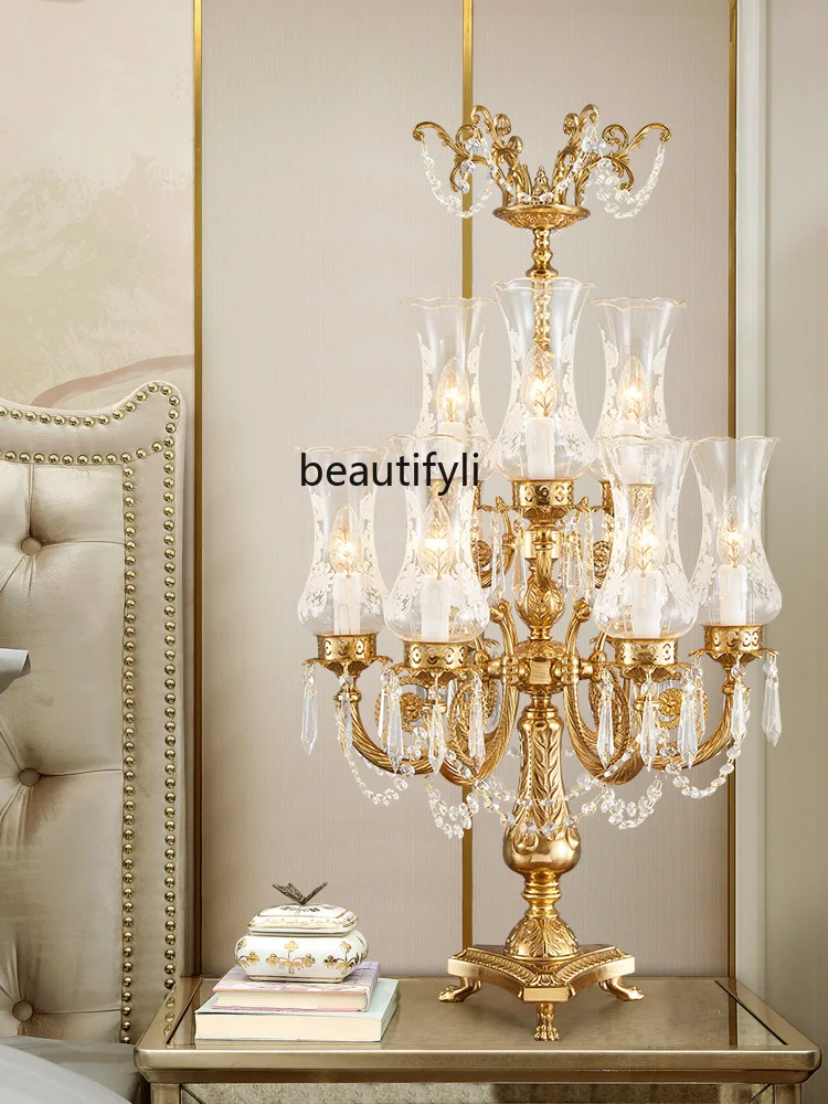 HJ Copper Crystal Lamp European-Style Bedside Lamp Exhibition Hall Hotel Brass Multi-Head Table Lamp