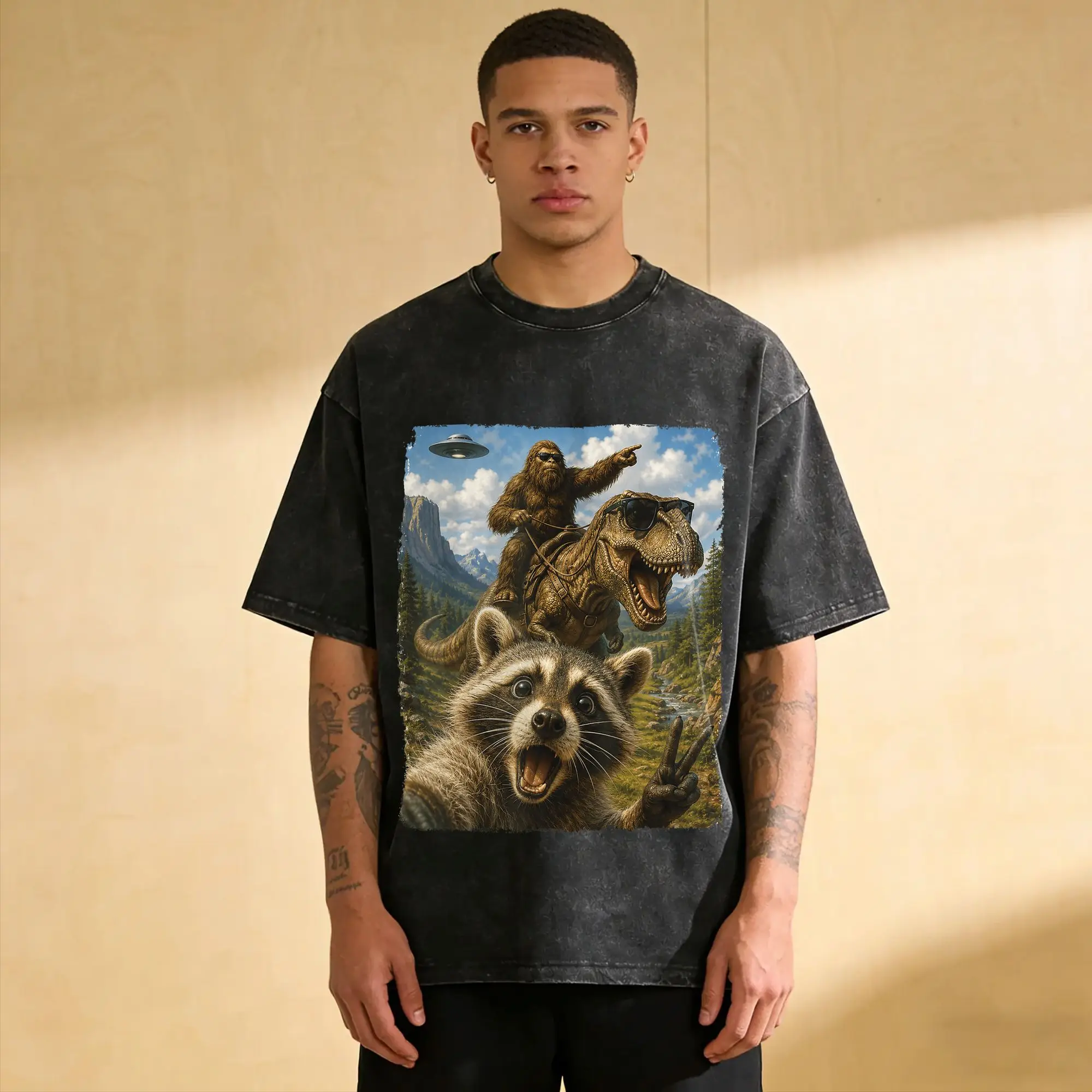 Men's Raccoon Selfie Bigfoot T Rex UFO Funny Gifts T Shirts  Top Tees Summer Vintage Short Sleeve Custom DIY Tshirt Wholesale