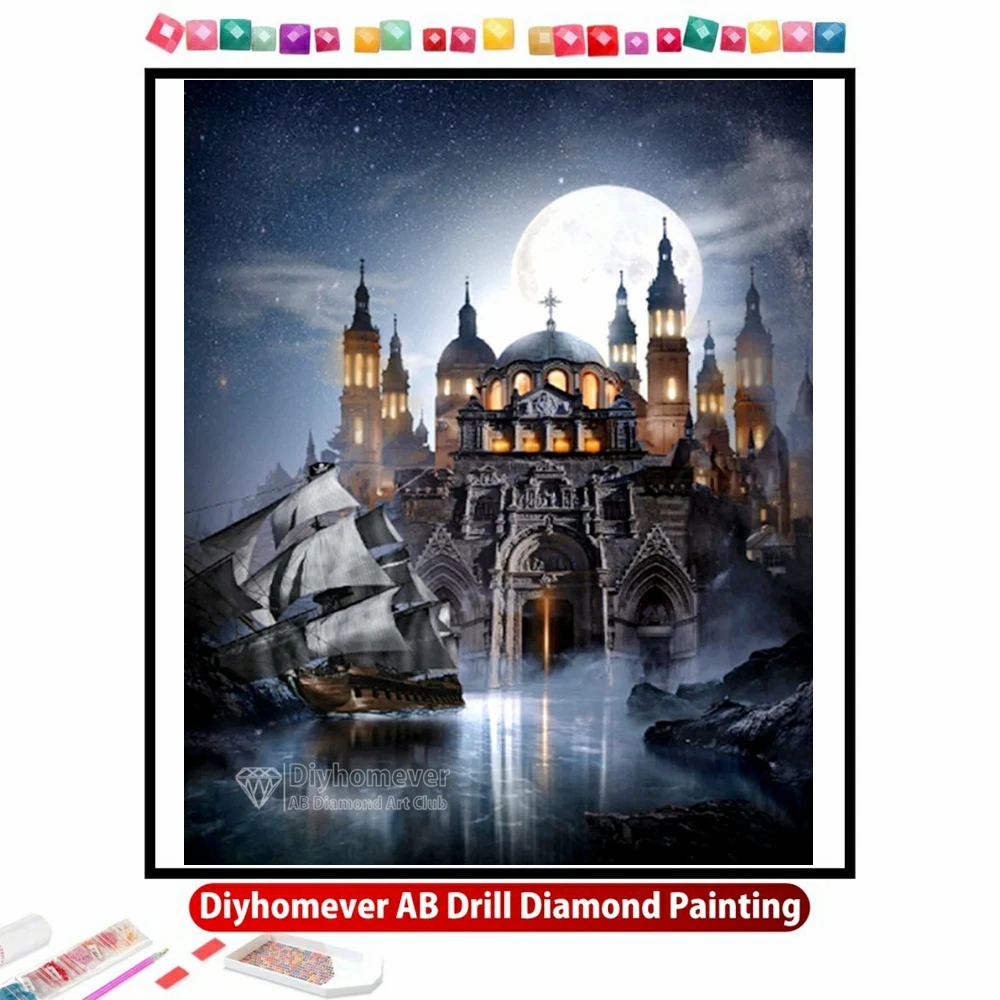 

Moonlight Seaside Castle AB Diamond Painting Mosaic Landscape Cross Stitch Rhinestones Handmade Craft Embroidery Home Decor Gift