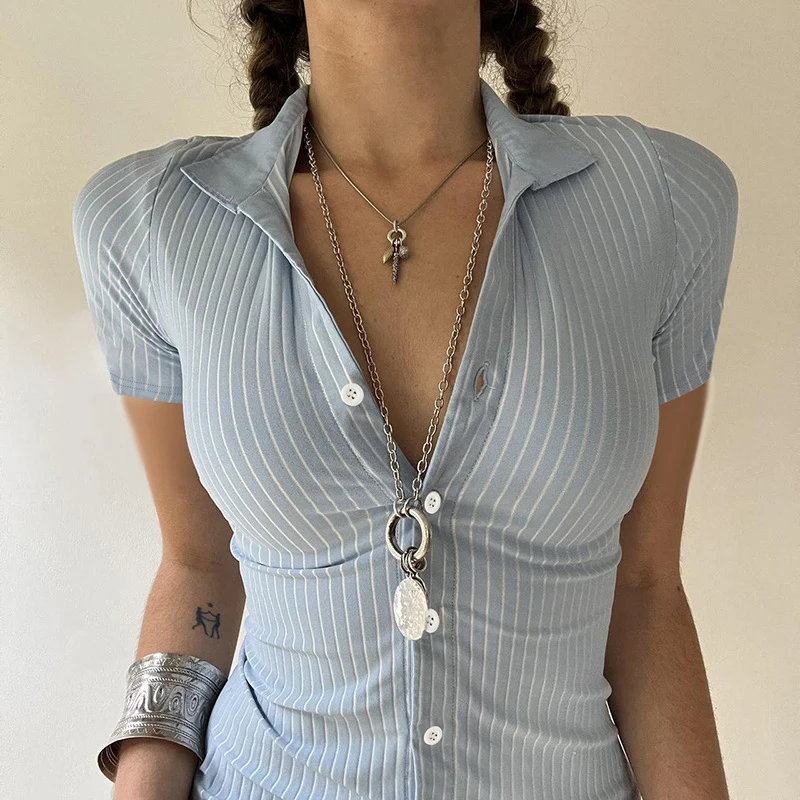 

Летняя повседневная полосатая рубашка на пуговицах, укороченная блузка с отложным воротником для офиса, женская весенняя уличная одежда, приталенный топ с коротким рукавом