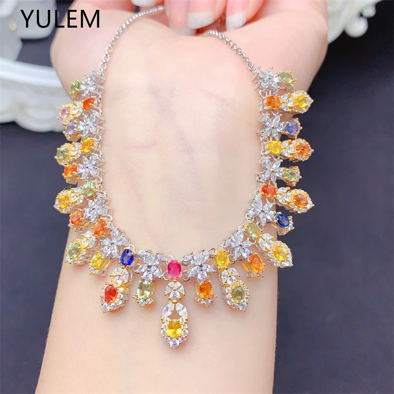 YULEM Natural Colorful Sapphire Luxury Pendant Necklace S925 Pure Silver With Certificate Fine Charm Wedding Jewelry for Women