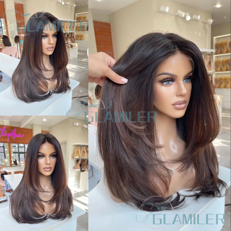 

5x5 Шелковая основа с застежкой из человеческих волос Прямые парики Ombre Темно-коричневые бесклеевые 200% плотность Предварительно выщипанные 13x4/360 Полные кружевные коричневые парики