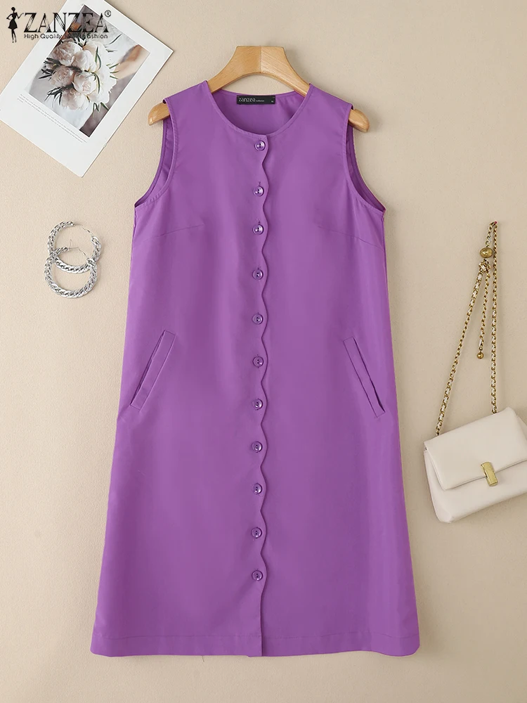 

ZANZEA Woman Commute Tank Dresses Fashion Chic Scalloped Trim Casual O-Neck Robes Femme Button Up Short Sleeve Knee-length Dress