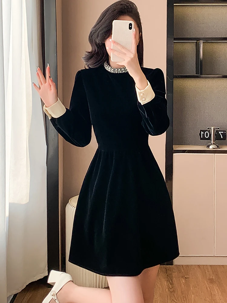 女性韓国ヴィンテージヘップバーン風プロムドレス秋冬ブラックベルベットダイヤモンドスタンドカラードレス2025エレガントボディコンパーティードレス