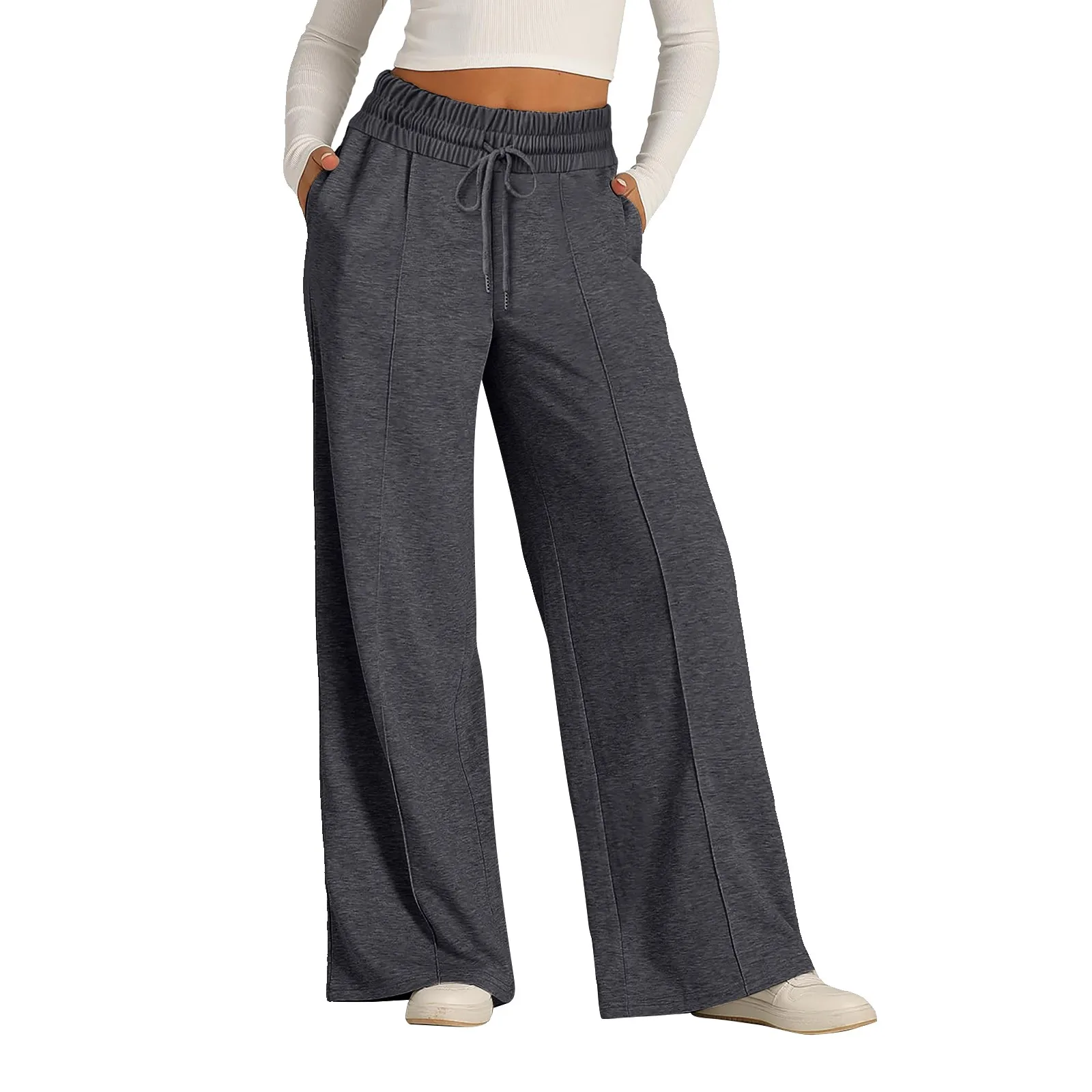 Pantalones de pierna recta para mujer, Pantalón deportivo holgado, informal, versátil, color sólido, cintura elástica, pierna ancha con bolsillos