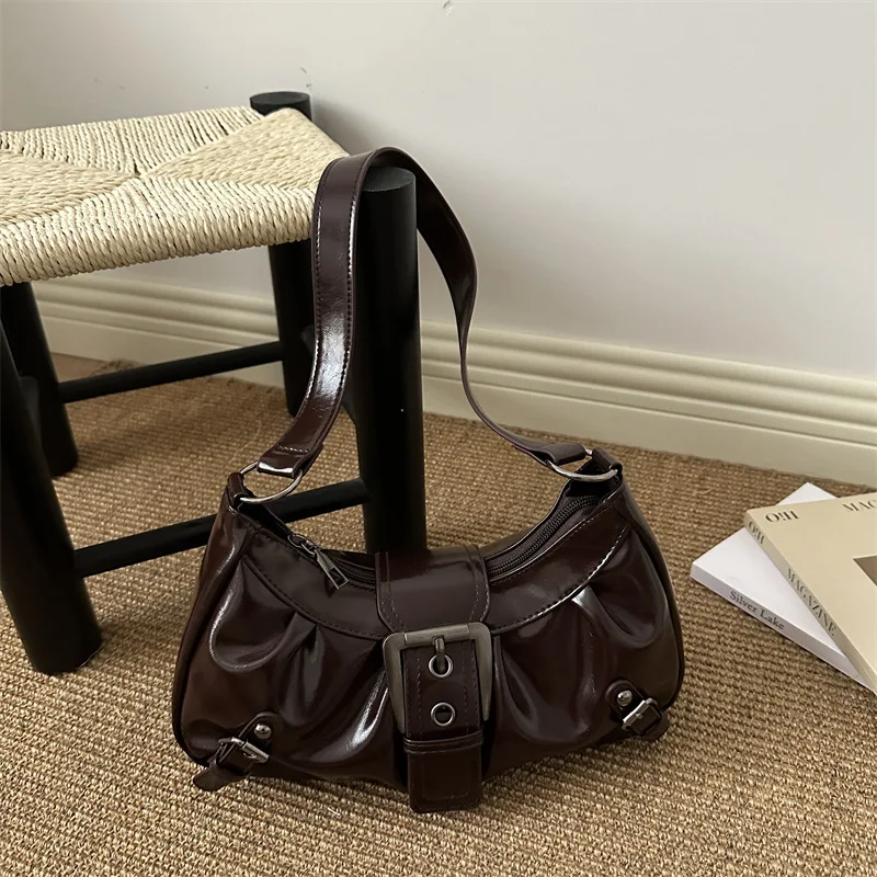 Fashion Pleated Lock Design Women's PU Shoulder Bags Simple Solid Color Ladies Underarm Bag Portable Cool Girls Phone Handbag