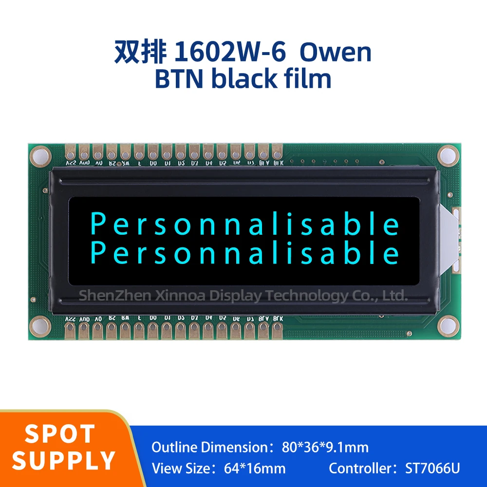 

Full View Wide Temperature BTN Black Film Ice Blue 1602W-6 European Character LCD Screen ST7066U Controller